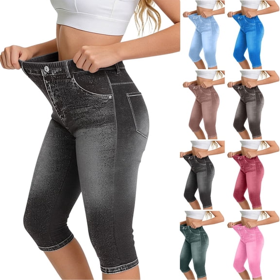 Purcolt Faux Denim Capri Pants for Women High Waisted Stretchy Jean Capris Pull on Jeggings Casual Denim Capri Leggings