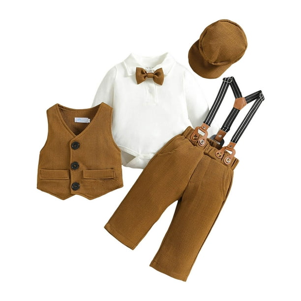 Gibobby Conjunto de pantalón para bebé Niños Pequeños Bebés Primavera Otoño Imprimir Pantalones De Manga Larga Mono Chaleco Sombrero Trajes 4PC Traje Ropa(Café, 0-6 Meses)