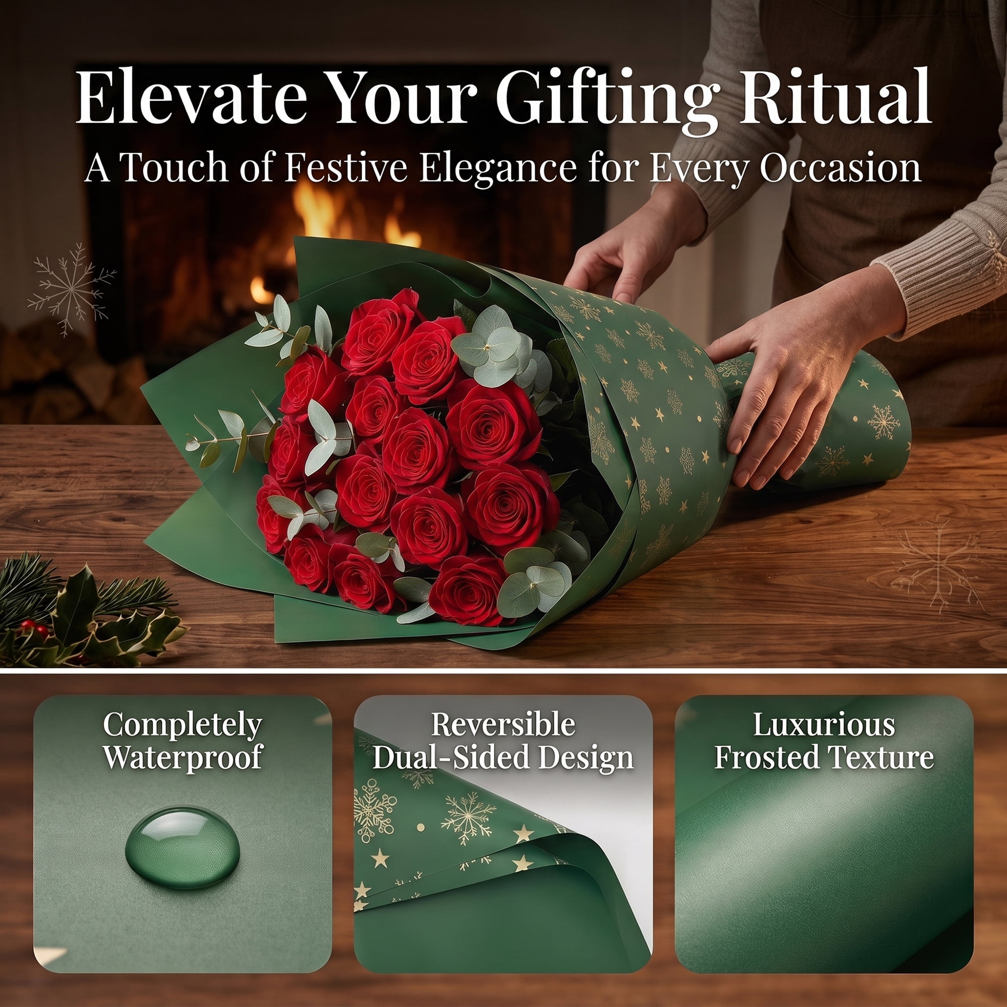 Unique Bargains Waterproof Matte Gift Wrap Paper for Bouquets Green Snowflake 22"x 22"