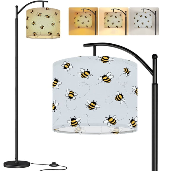Arc Floor Lamp Seamless bees dotted route Tall Modern Standing Lamp LED Adjustable Linen Lampshade 3 Color Temperatures