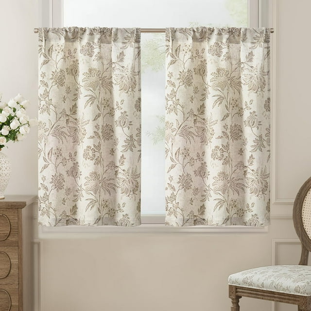 Floral Linen Tier Curtains 24 Inch Farmhouse Cafe Curtains Rod Pocket Country Flower Drapes for Small Windows for Kitchen Laundry Room Bathroom RV 2 Panels Light Filtering Taupe on Beige