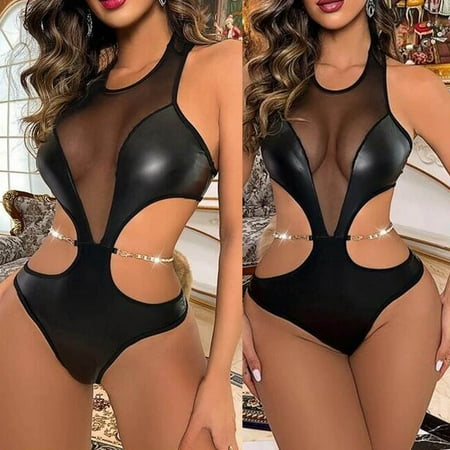 

Fengqque Sexy Women One-Piece Lingerie Temptation Mesh Metal Chain Transparent Babydoll Underwear Sleepwear Bodysuit Leather Underwear