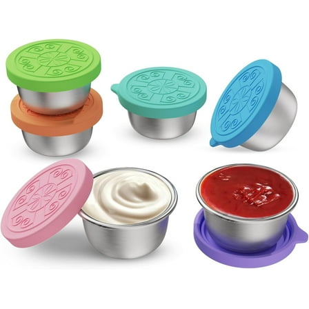 LQQBOX 6 PCS 2.54 oz Salad Dressing Container To Go, 304 Stainless Steel Small Condiment Containers with Lids, Leak Proof, Mini Dipping Sauce Cup Set for Lunch Box (Mix Color)