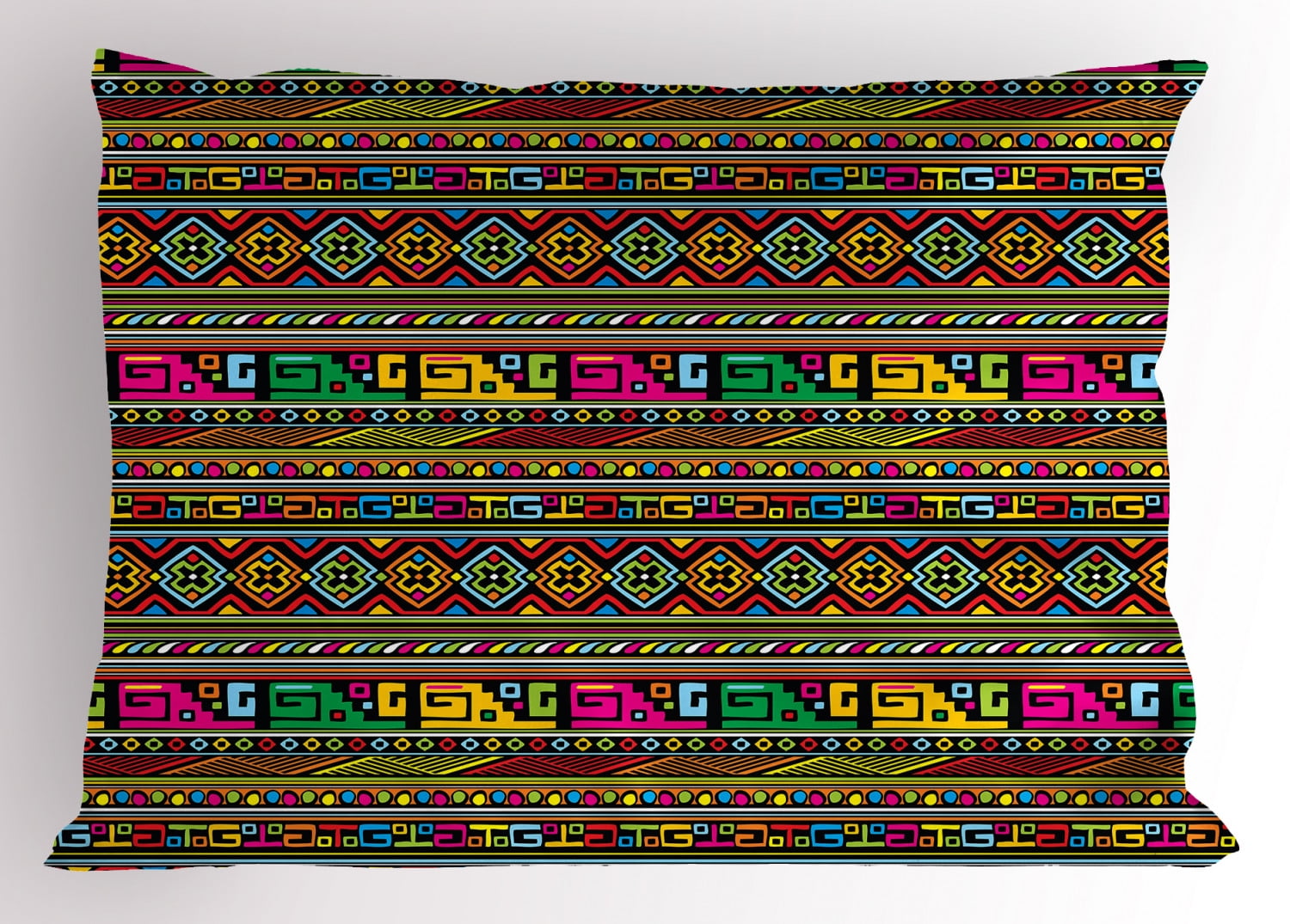 African Pillow Sham Ancient Ancestral Borders in Lively Colors Geometric Indigenous Culture Art