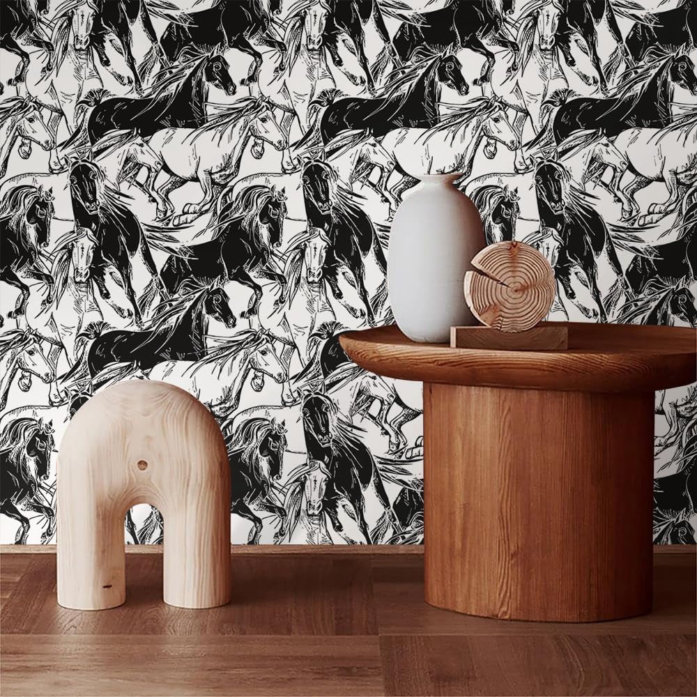 Modern Black and White Horse Animal Abstract Art Peel and Stick Wallpaper Contact Paper Vintage Vinyl Stick on Wall Paper for Bedroom Bathroom Kitchen Cabinet Renter Friendly