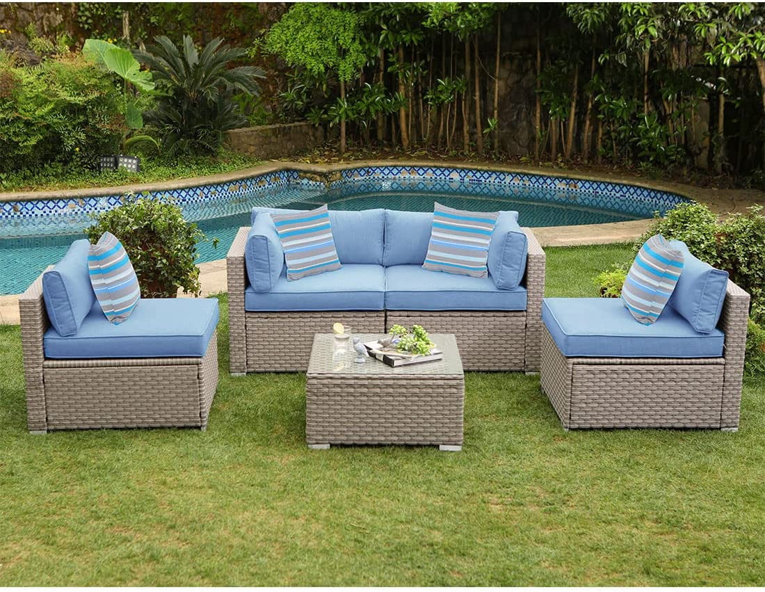 COSIEST 5Piece Outdoor Furniture Set Gray Wicker Sectional Sofa Set