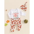 thumbnail image 4 of Miaouyo Baby Boy Girl Halloween Outfit, Letter Print Long Sleeve Romper Pumpkin Print Pants Hat 3 Piece Set for Fall, 4 of 9
