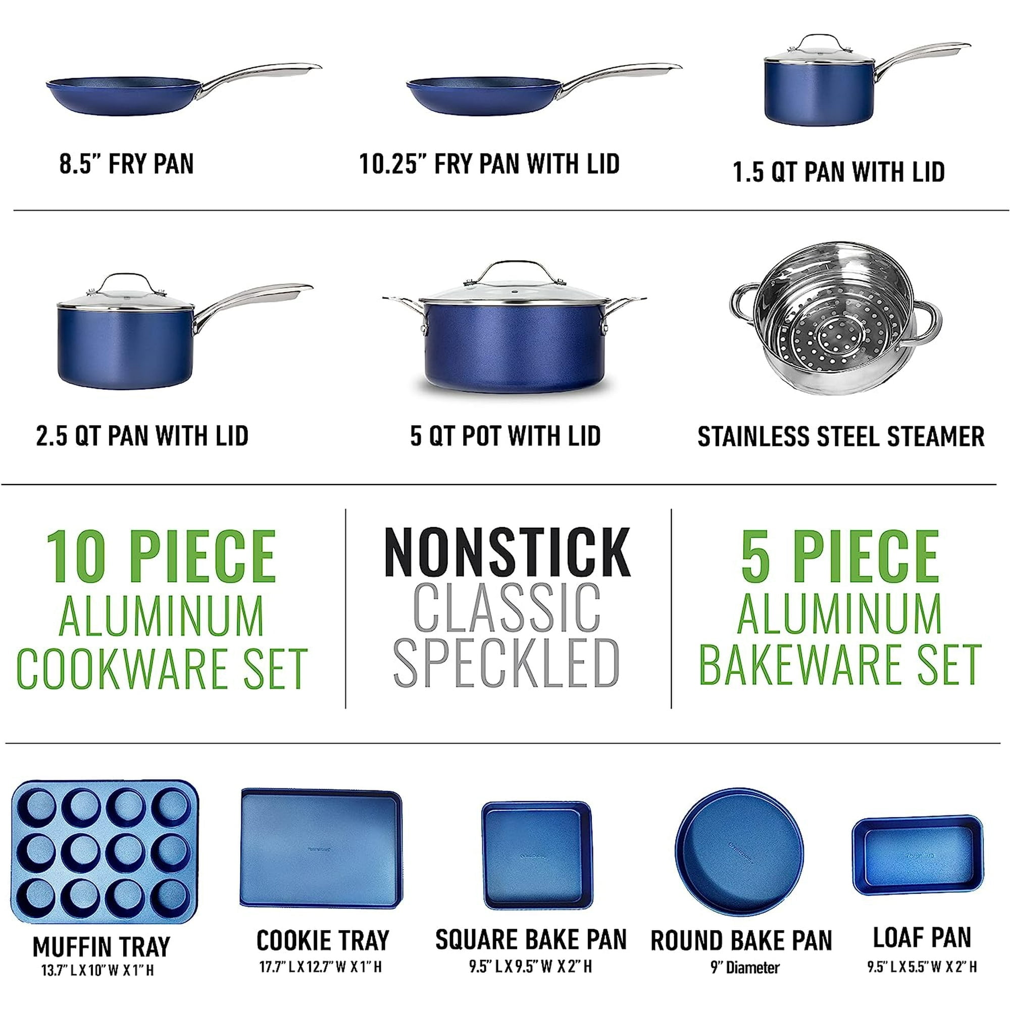 Granitestone 15 Pc Kitchen Pots and Pans Set Non Stick, Kitchen Cookware Sets, Pot and Pan Set, Nonstick Cookware Set, Diamond Coated Non Stick Pots and Pan Set, Dishwasher Safe - Blue