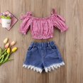 thumbnail image 4 of Bébé Enfant en Bas Âge Filles 2Pcs Manches Courtes Tops + Shorts Denim Tenues Mignon Ensemble, 4 of 5
