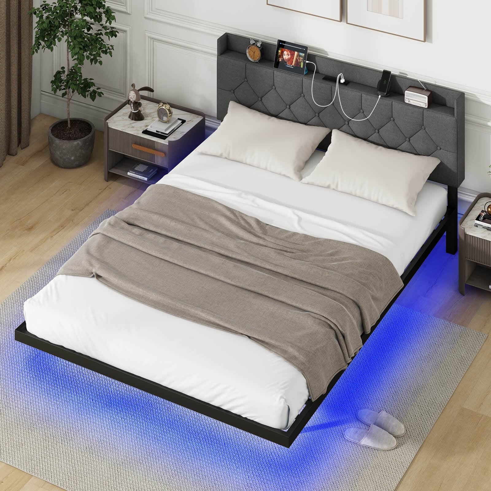 Infans Queen Size Floating Bed Frame with LED Lights Adjustable Upholstered Headboard
