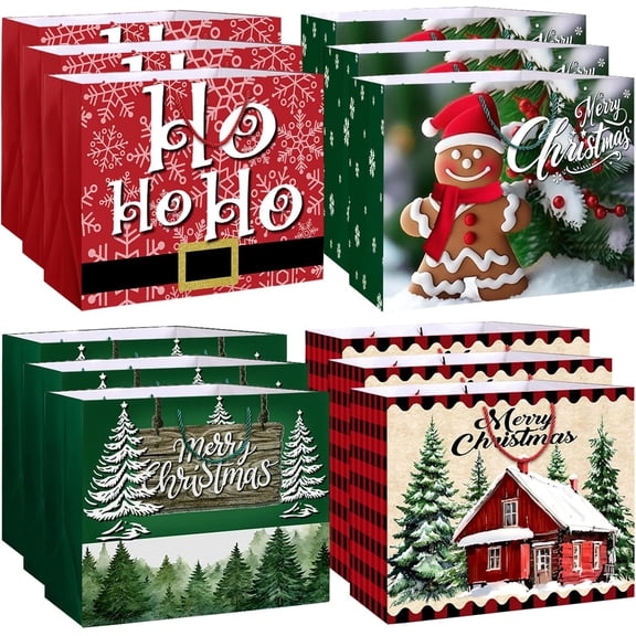 12PCS Extra Large Christmas Gift Bags, 16.9'' x 11''x 12.6'' Jumbo Paper Bags Reusable Xmas Gift Tote Bags with Handle for Holiday Shopping Present Wrapping