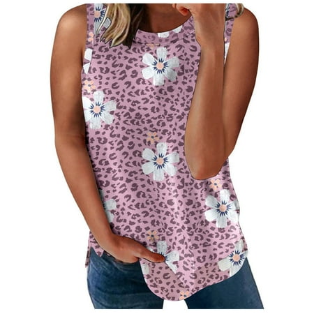 

kakina CMSX Floral Shirts for Women Summer Color Contrast Leopard Printing Pullover Round Neck Tops Floral Blouses Tunic Tops Pink XL