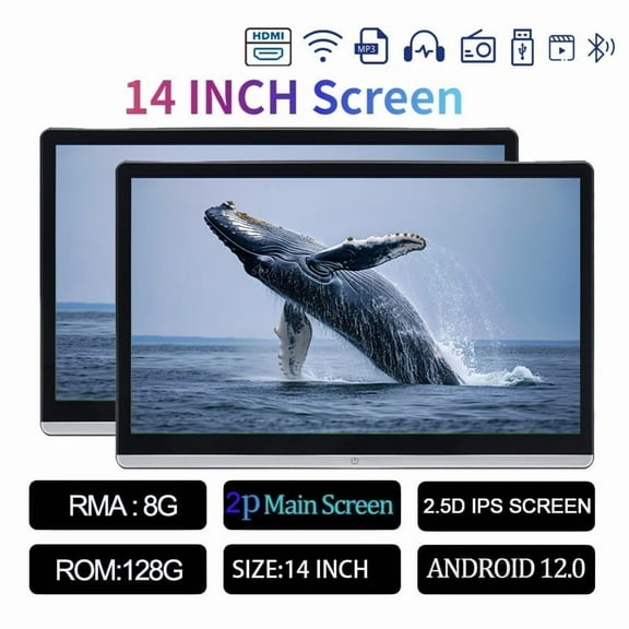 8G 128G Car Headrest Monitor 14" IPS Display Android12 Touch Screen For Car Rear Seat Player Dual HDMI AirPlay