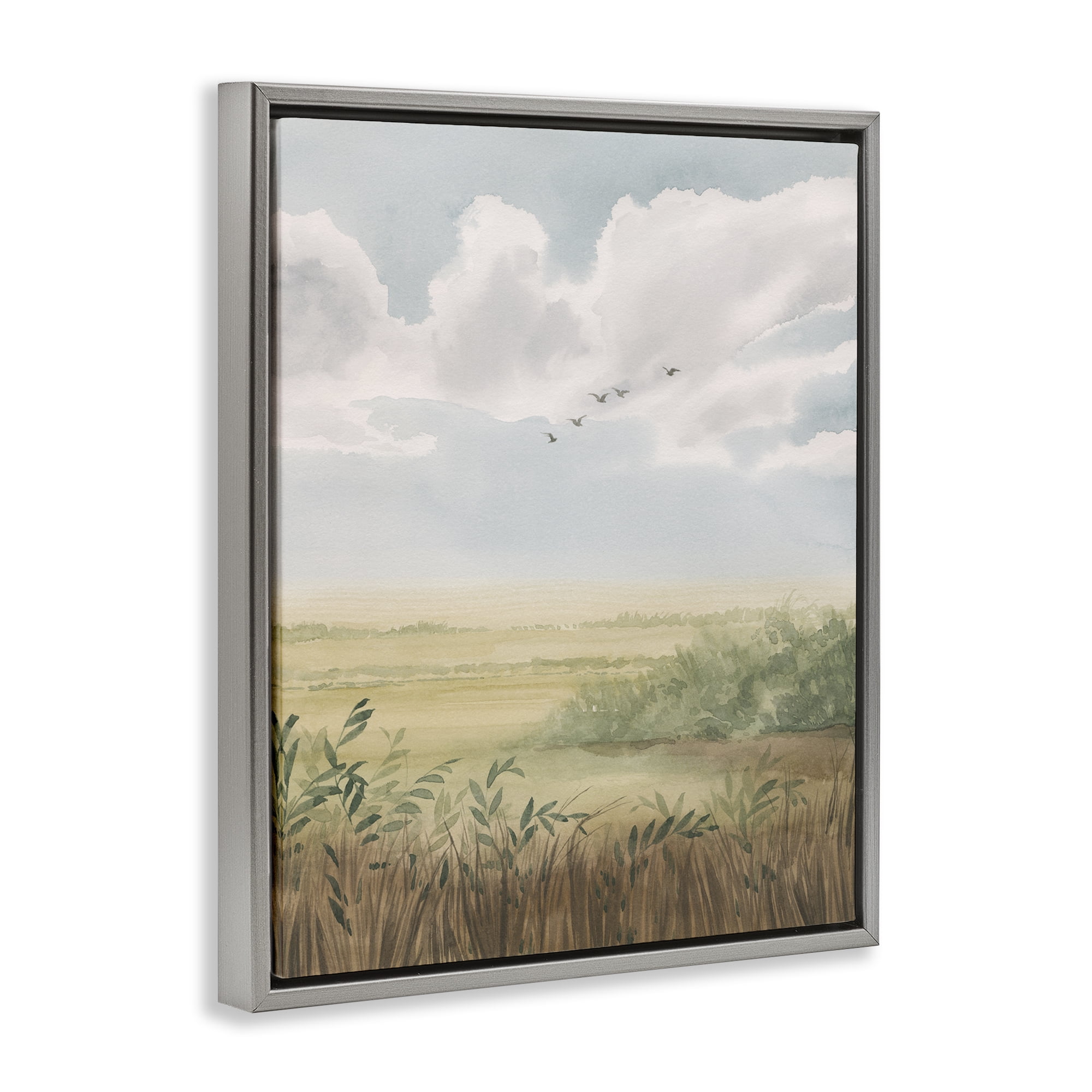 Stupell Industries Birds Flying over Countryside Landscape & Nature Painting Gray Floater Framed Canvas Art Print Wall Art, 25 x 31
