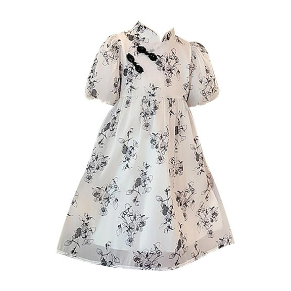 Fashion Dresses for Toddler Girls 2t Baby Kids Print Ruffle Trim Round Neck Puff Sleeve Flared A Line Skirt