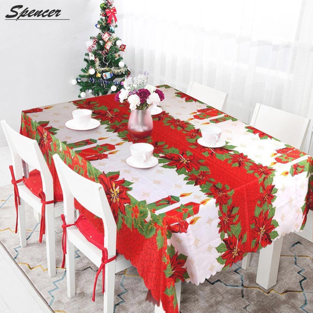Spencer Waterproof Christmas Tablecloth for Rectangle Poinsettia Printed Fabric Tablecloth