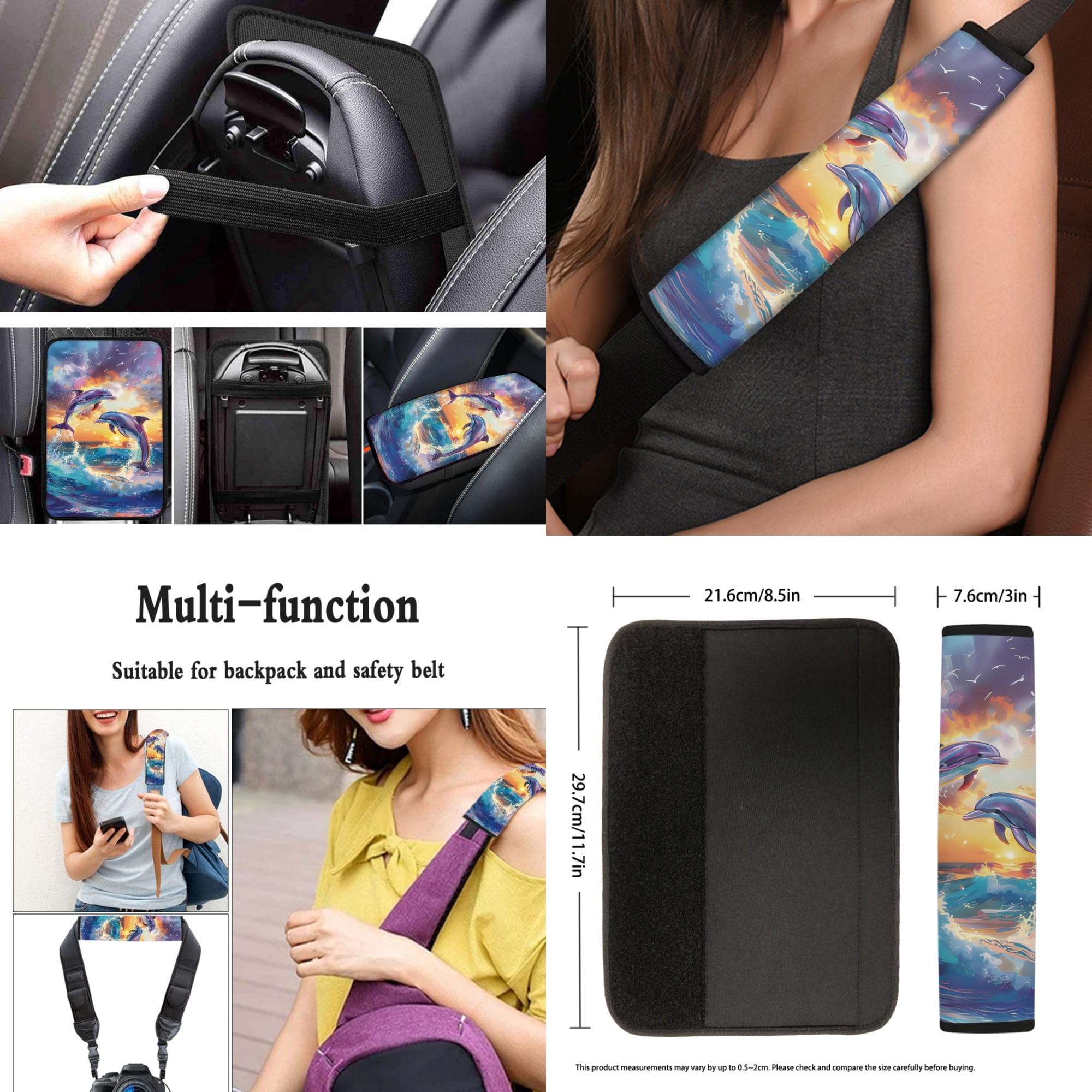 Jeiento Dolphin 13 PCS Set Car Seat Covers Steering Wheel Cover Seatbelt Strap Pad Armrest Cover Pad Cup Coasters Blue Ocean Key Ring for Women Men Automobile Interior Sets
