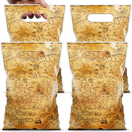 Pajean 100 Pcs PriNst Pirate Party Favor Bags Bulk Treasure Map Goodie Treat Candy Loot Gift Bag Pirate Theme Treasure Plastic Gift Wrapping for Nautical Themed Birthday Party Supplies