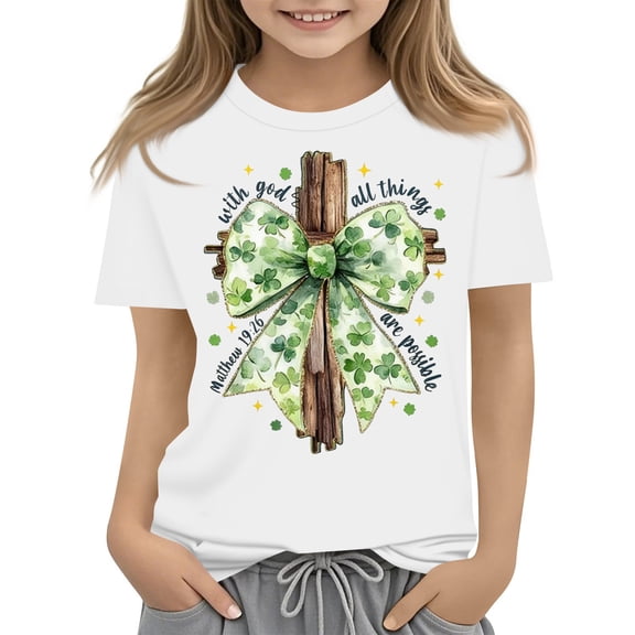 St Patrick's Day Shirts for Girls Shamrock Irish Clover Shirt St Patrick's Day Graphic Short Sleeve Tops Cute Loose Fit Spring T-Shirts,White 5-6 Years