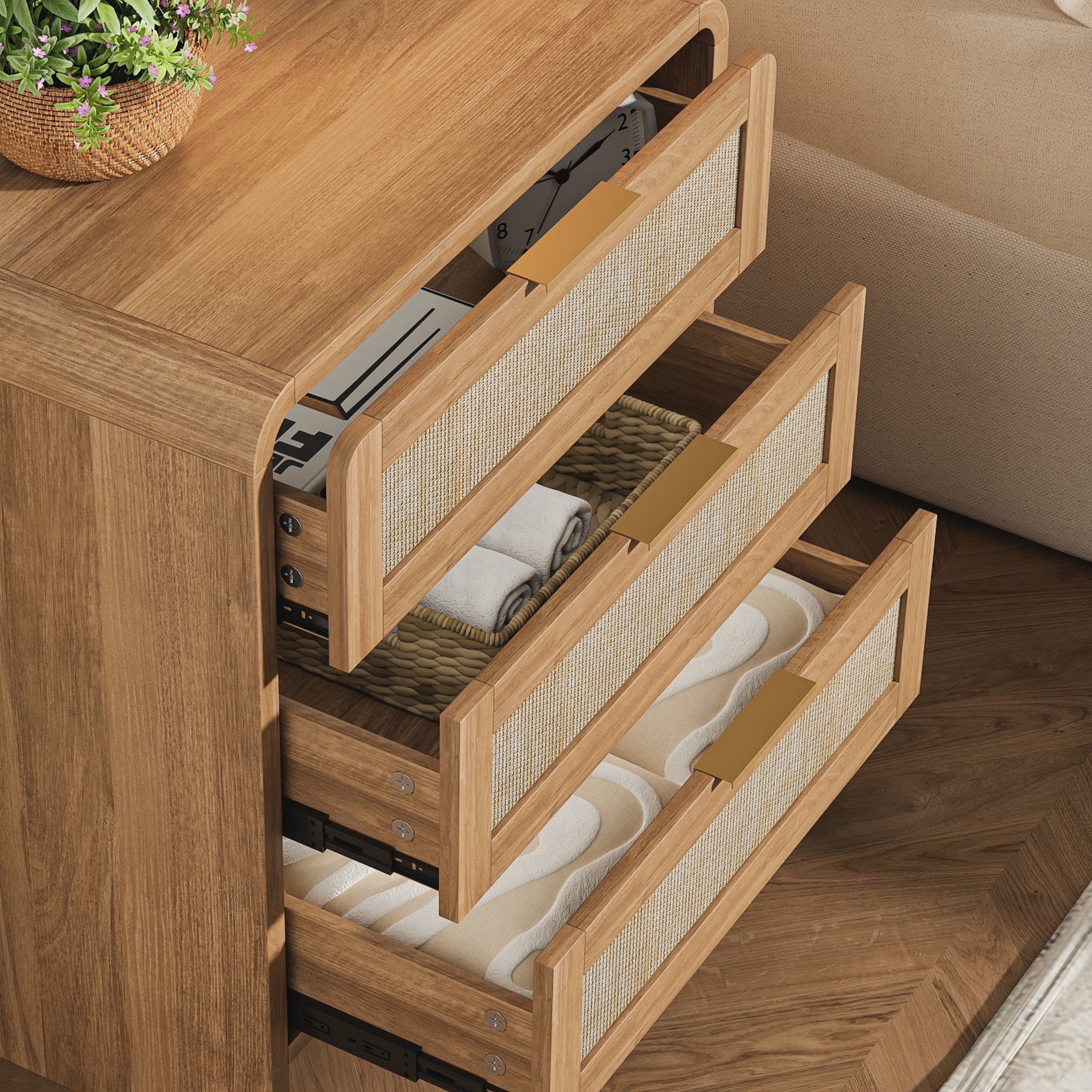Noble House Felix 23" Rattan Wooden Nightstands, 3-Drawer Curved Bedside Tables with Gold Handles, Caramel