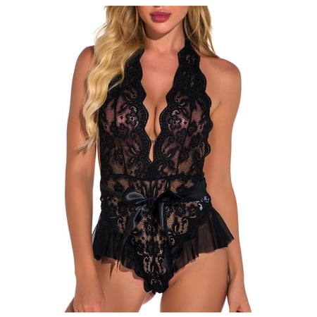 

EHTMSAK Lingerie for Women Lace Sexy Halter Bodydoll Deep V Neck Teddy Lingerie Black 2XL