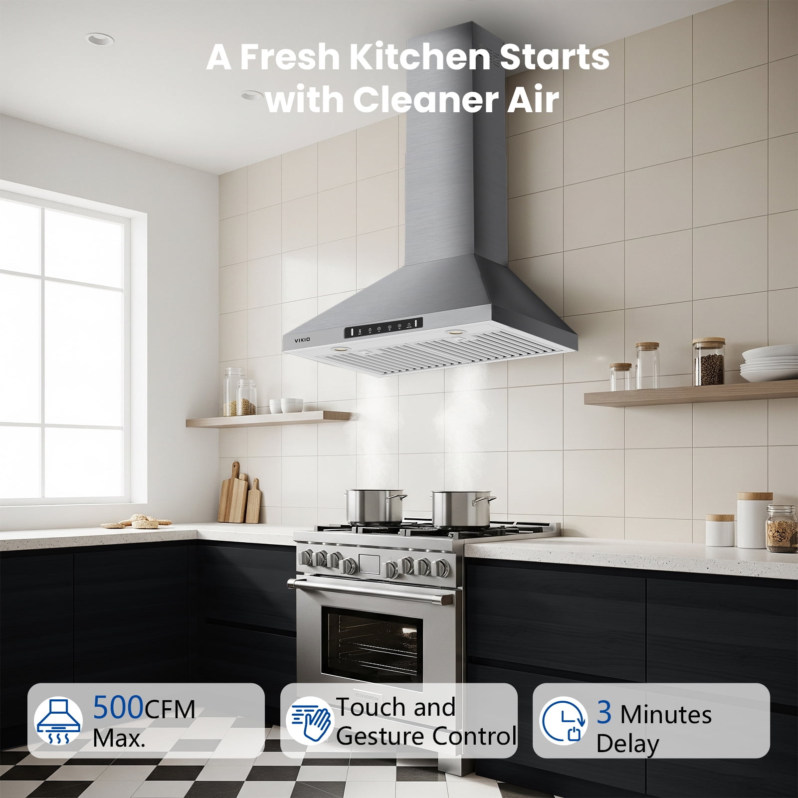 VIKIO 30 inch Wall Mount Range Hood 900CFM Convertible Ducted to Ductless Exhaust Fan , Carbon Filter, Touch Panel, Stainless Steel