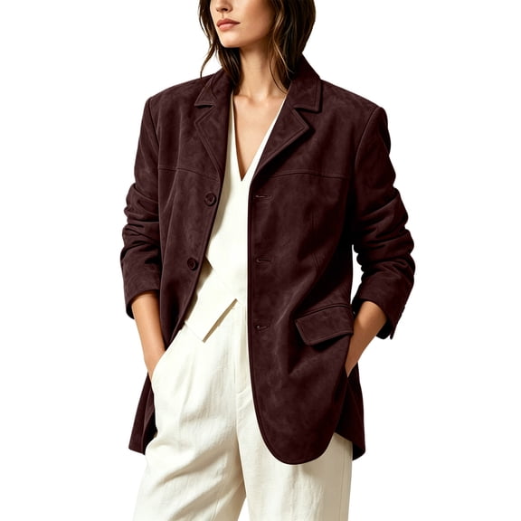 Perfectbot Women's Faux Suede Notch Lapel Blazer Jacket, 3 Button Loose Fit Mid-Length Casual Western Coat