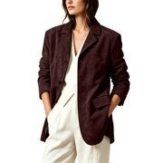Perfectbot Women's Faux Suede Notch Lapel Blazer Jacket, 3 Button Loose Fit Mid-Length Casual Western Coat