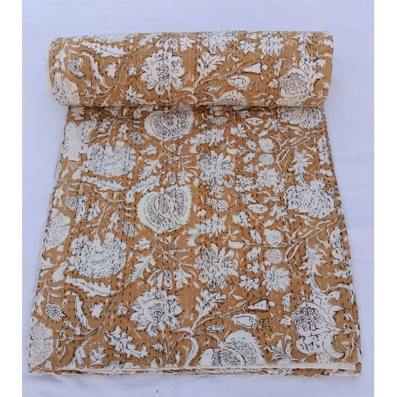 Kantha Quilt Handblock Print Indian Netural Colour floral print Quilt Hand Stitched Natural vegetable dye cotton