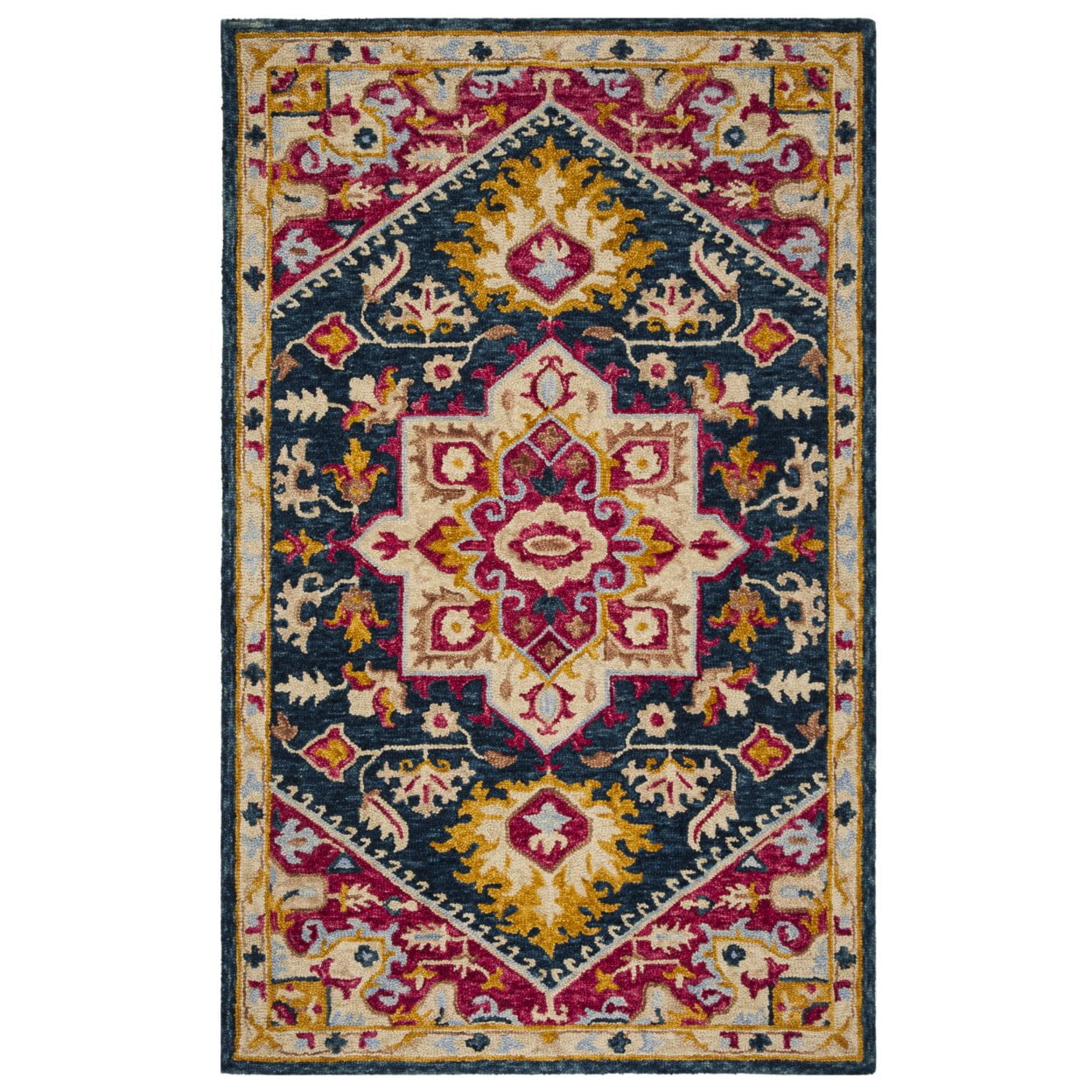 SAFAVIEH Aspen Gamal Floral Bordered Wool Area Rug, Navy/Fuchsia, 2' x 3'