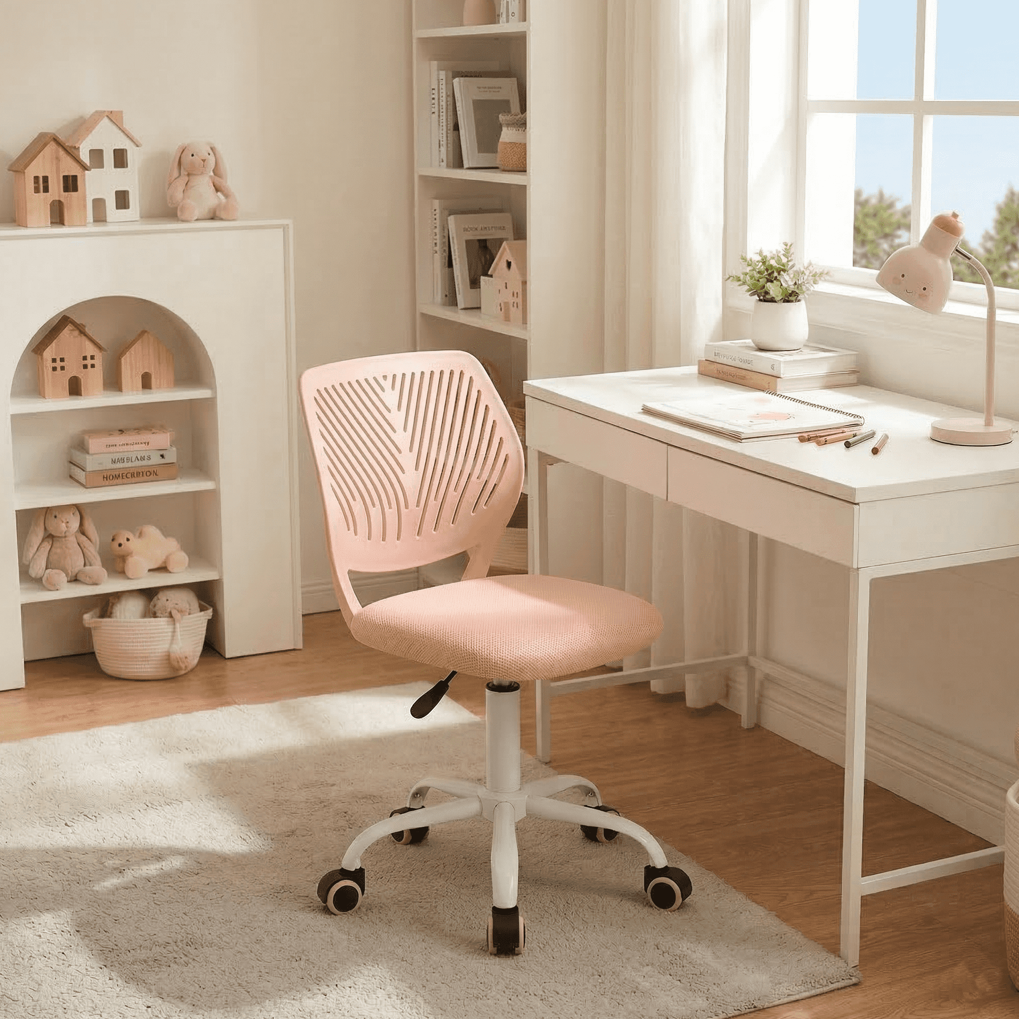 Homy Casa Teen Desk Chair with Mesh Back, Adjustable Swivel Cute Vanity Chair,Rose