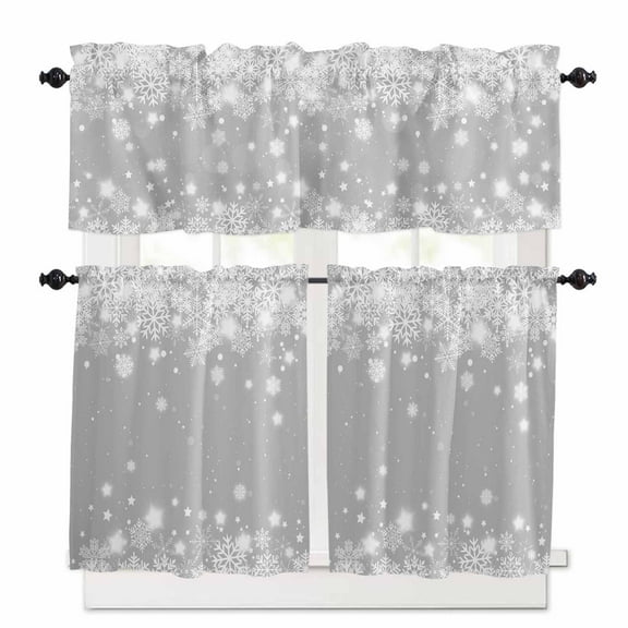 Christmas Snowflakes Kitchen Curtains and Valances Set, Winter Gray Background Xmas Rod Pocket Window Valance 18 Inch Window Curtain Panels for Living Room Bedroom Laundry, 27.5x36in, 3 Pieces