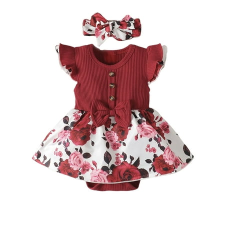 

elfinBE Baby Girl Flying Sleeve Romper With Headband Cute Summer Outfit Sets