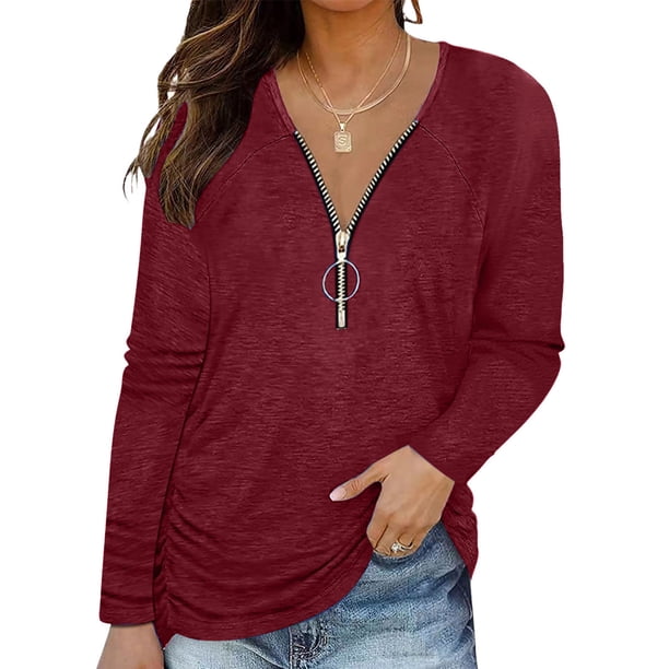 Puntoco moda mujer manga larga cuello en V sólido cremallera blusa otoño casual pulóver tops Puntoco Puntoco-4008