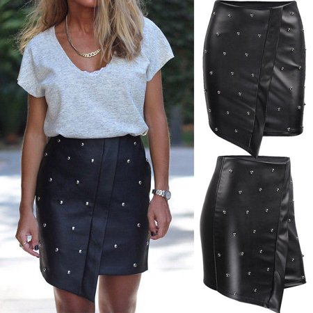 Beaded Charmeuse Skirt - Women PU Bandage Leather Skirt High Waist Pencil Bodycon Bead Mini Short Skirt