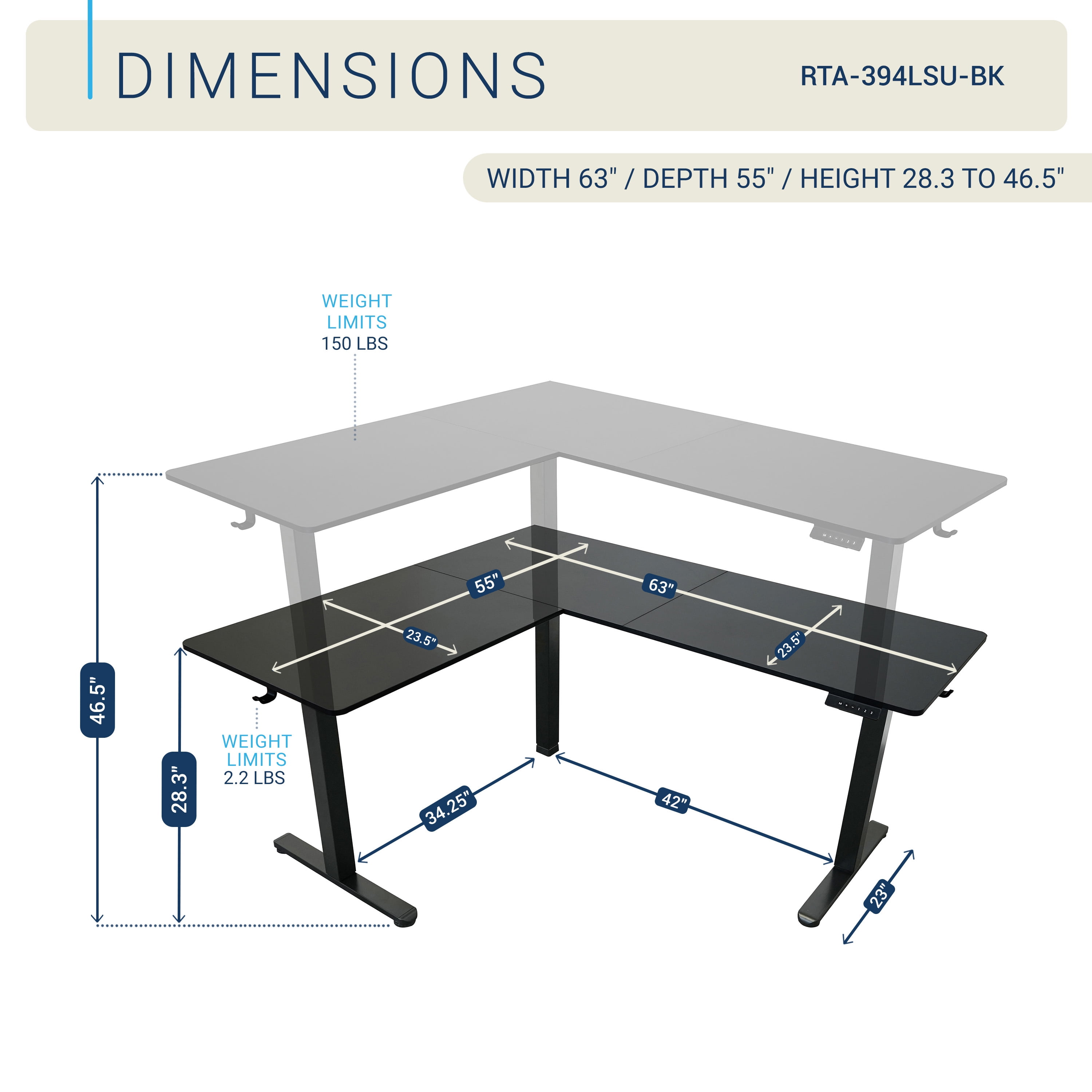 63" W L-Shaped Electric Standing Desk with Spacious Desktop, 3 Memory Height Presets and 2 Accessory Hooks, Black