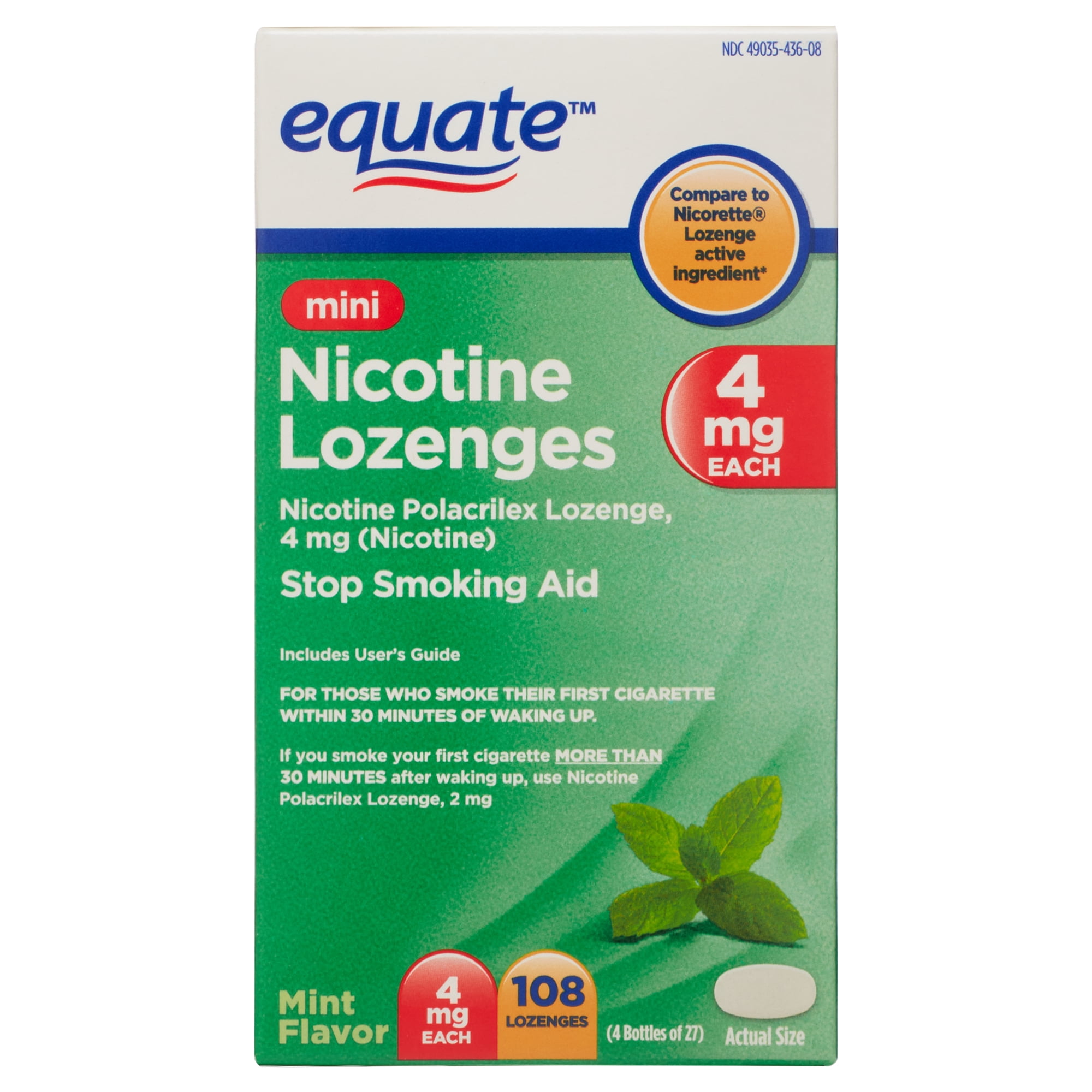 Equate Mini Nicotine Lozenges, 4 mg, Mint Flavor, 108 Count