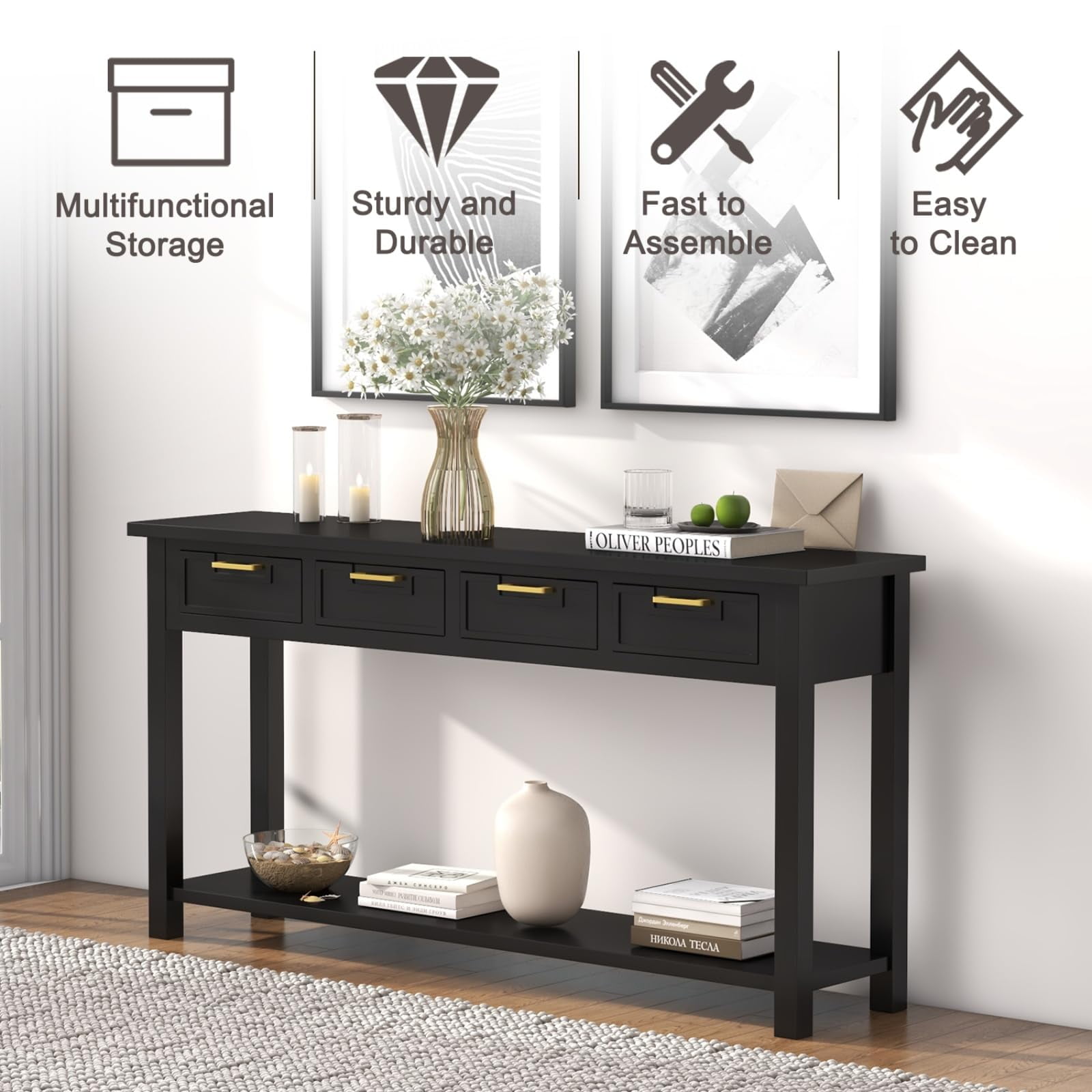 Kinsuite Black Entryway Table with 4 Drawers - Modern Console Table with 1 Bottom Shelf Living Room Furniture Wood Hallway Table Entryway Table for Living Room Bedroom Kitchen, Black