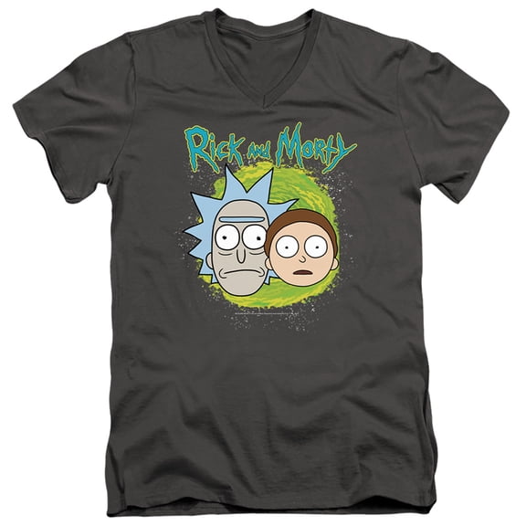Rick and Morty Floating Heads Unisex Adult V-Neck T Shirt, Charcoal, Small