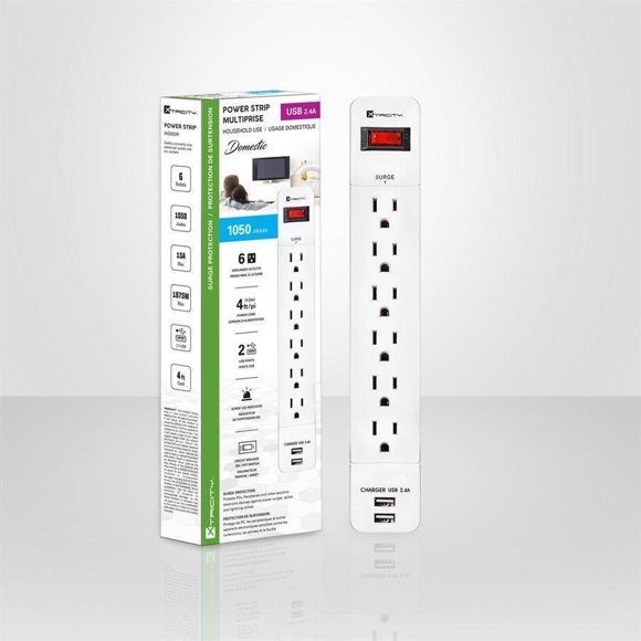 Xtricity 3-70627 Surge Protector 6 Outlets 1050 Joules 4FT Cord 2USB White