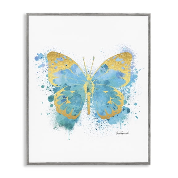 Stupell Industries Contemporary Abstract Butterfly Blue Paint Splatter Gray Framed Giclee Art, 16 x 20, by Amanda Greenwood