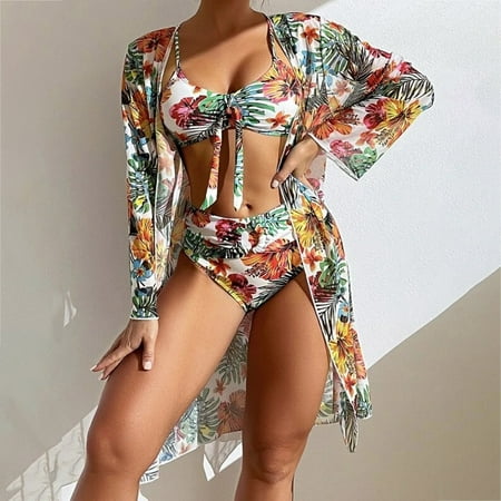 IDALL Bikini Sets Bathing Suit 2025 3pcs Set Swimwear Bikini With Cover Up Fashion Printed Swimsuit High Waist Summer Bathing Suit Beachwear Womens Swimsuits Womens Swimwear Green S
