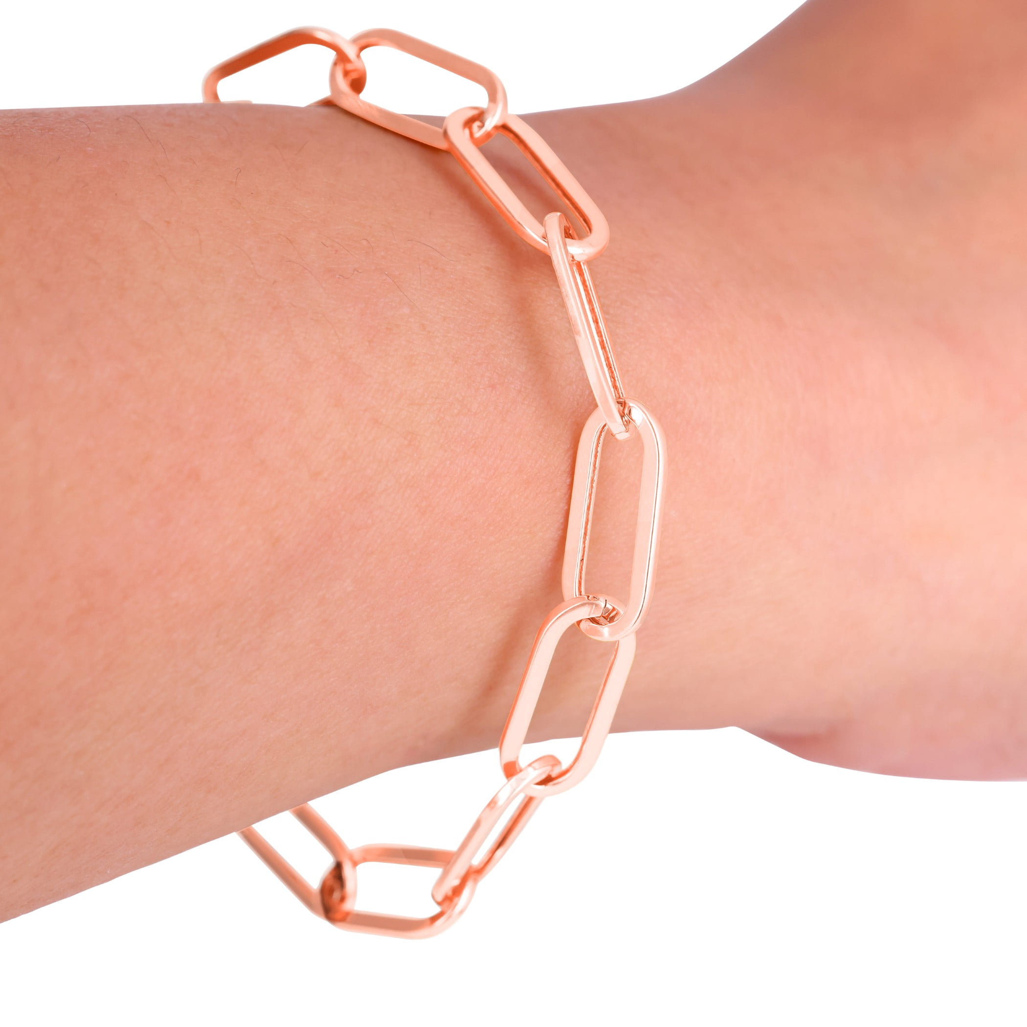 Nuragold 10k Real Rose Gold Paperclip 7mm Elongated Cable Link Bracelet (7"-8") Italian Jewelry for Men & Women