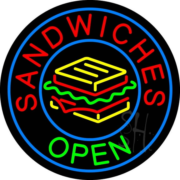 Round Sandwiches Open LED Neon Sign 18 x 18 - inches, Clear Edge Cut Acrylic Backing, with Dimmer - Bright and Premium built indoor LED Neon Sign for restaurant window and interior decor.