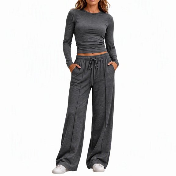 yillto 2 Piece Outfit Sweatsuit for Women Crew Neck Long Sleeve Tight Shirts Drawstring Sweatpants Set