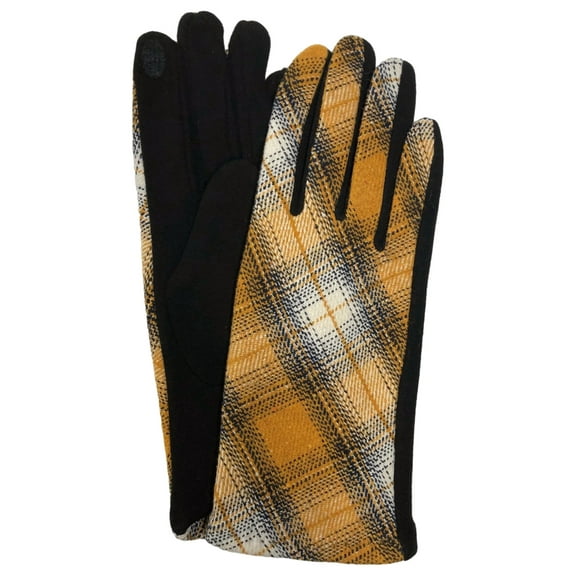 Womens Yellow & Black Plaid Stretch Fit Text & Tech Touchscreen Driving Gloves