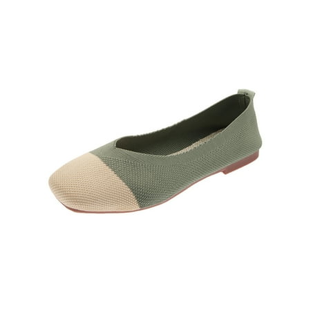 

Lumento Womens Flats Square Toe Slip On Flat Shoes Knit Upper Casual Shoe Light Green Color Stitching 4.5