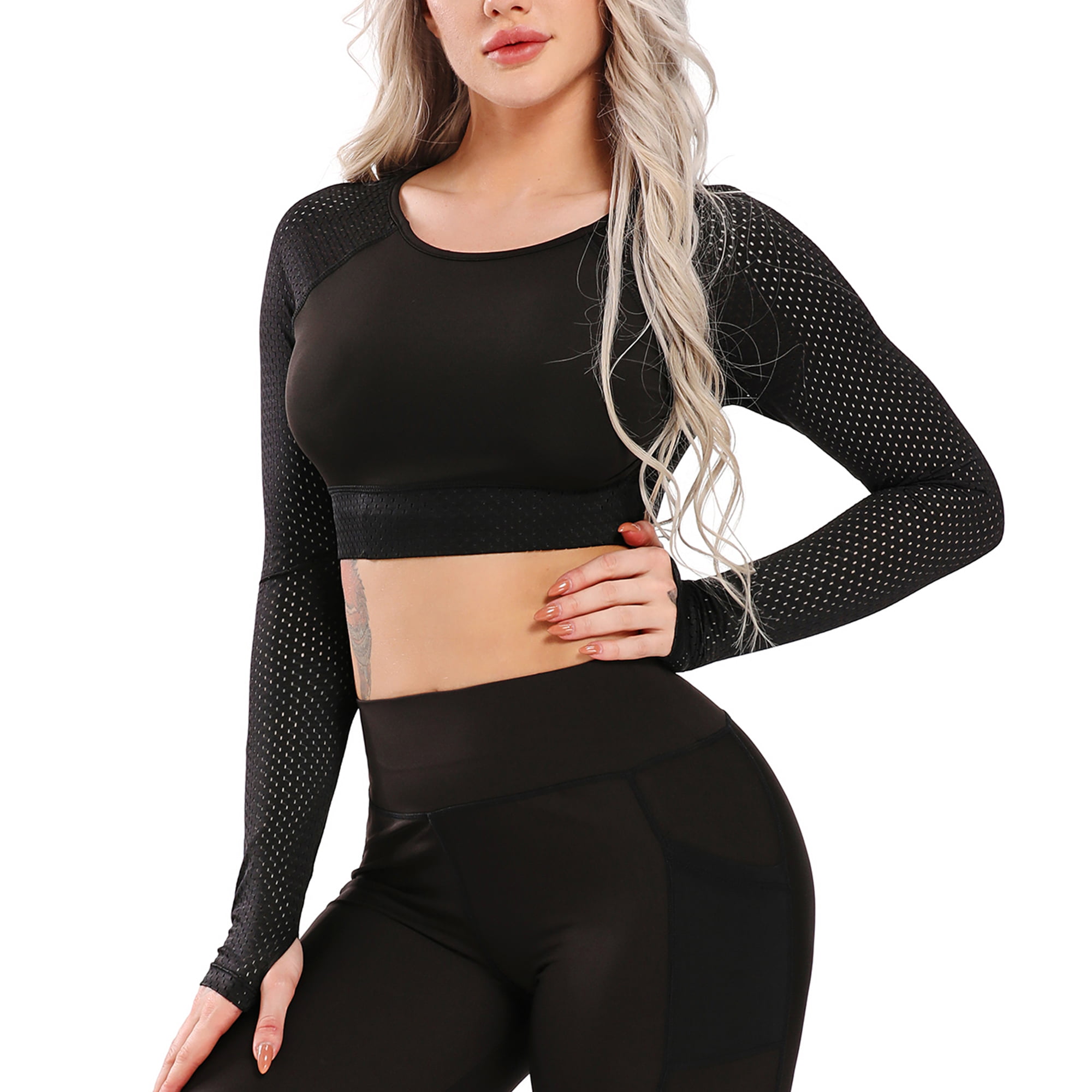 Womens Athleisure Mesh Short/Long Sleeve Yoga Top See Through Hoodie Strap Camisole 