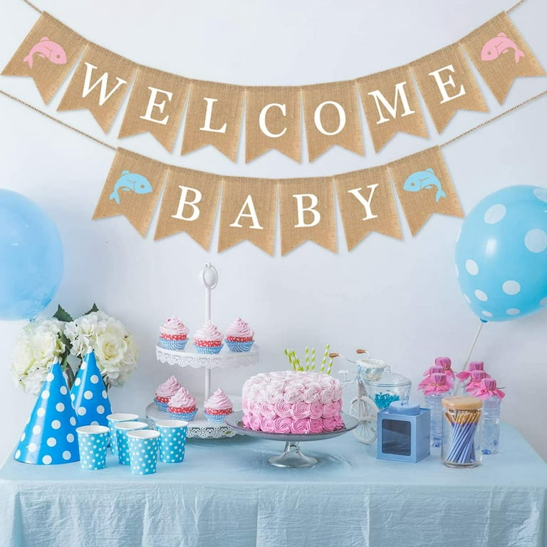 Fishing Baby Shower Decorations for Boys and Girls, Welcome Baby Burlap Banner,Nautical Under The Sea Baby Shower Sign and Flag,Pirate and Mermaid