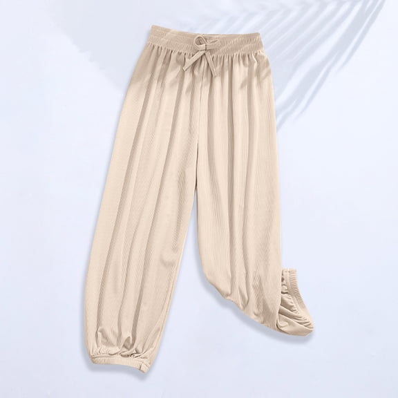 BRGZLK Girls Ice Silk Harem Pants Summer Elastic Waist Lightweight Loose Soft Comfy Trousers Kids Solid Color Casual Sport Joggers 2026 Khaki 7-8 Years